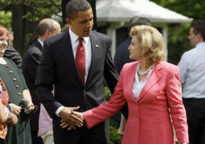 President Barack Obama shakes hands with Rep. Carolyn Maloney, D-N.Y., in the Rose Garden of the White House in Washington, Friday, May 22, 2009, after he signed the Credit Card Accountability, Responsibility and Disclosure Act. (AP Photo/Haraz N. Ghanbari)